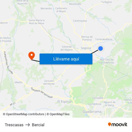 Trescasas to Bercial map