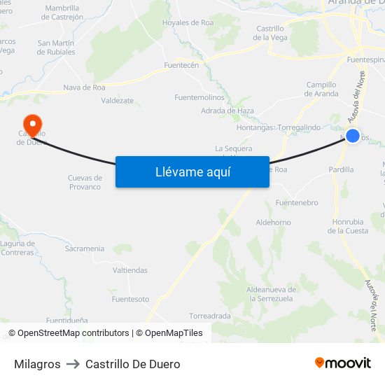 Milagros to Castrillo De Duero map