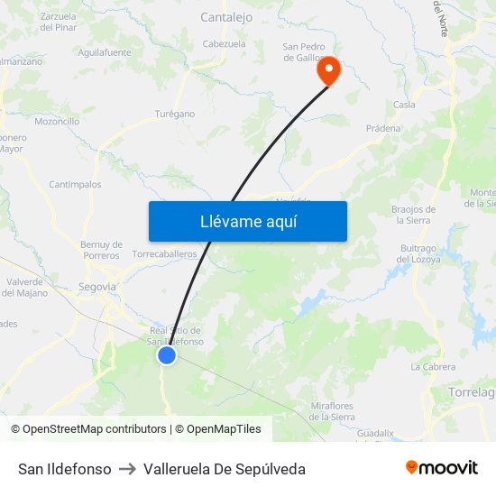 San Ildefonso to Valleruela De Sepúlveda map