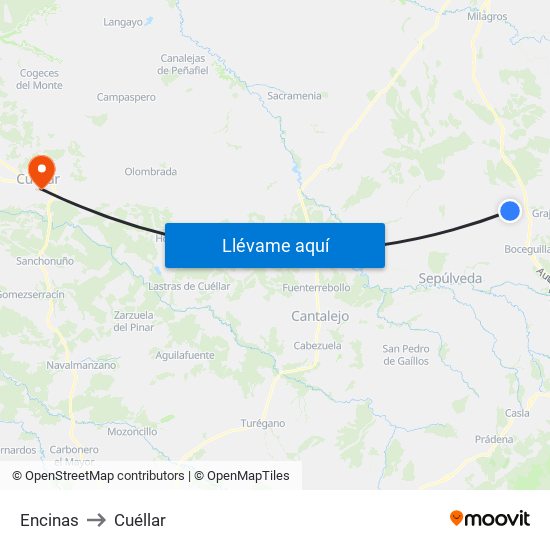 Encinas to Cuéllar map