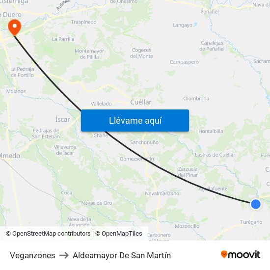 Veganzones to Aldeamayor De San Martín map