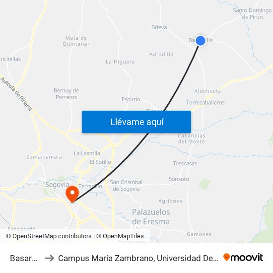 Basardilla to Campus María Zambrano, Universidad De Valladolid map