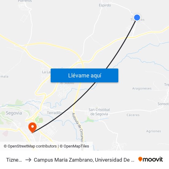 Tizneros to Campus María Zambrano, Universidad De Valladolid map