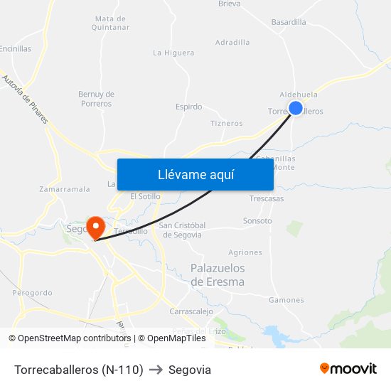 Torrecaballeros (N-110) to Segovia map