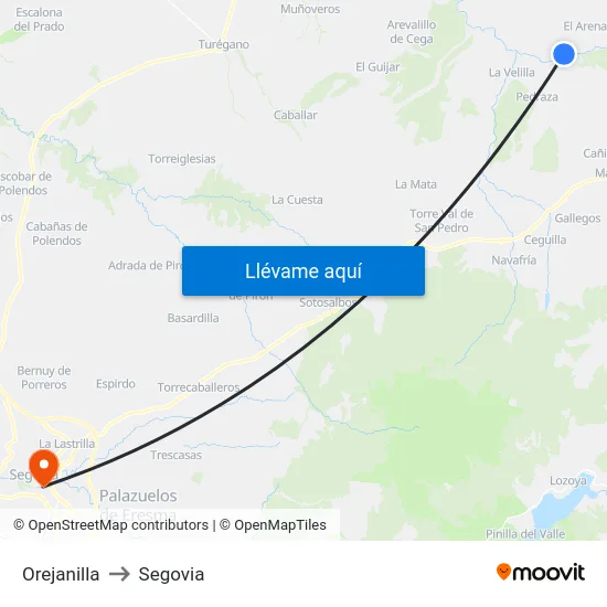 Orejanilla to Segovia map