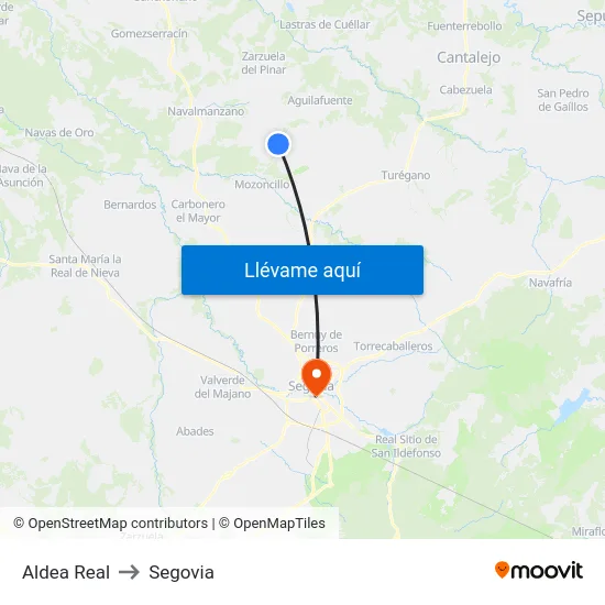 Aldea Real to Segovia map