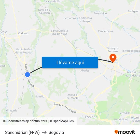 Sanchidrián (N-Vi) to Segovia map