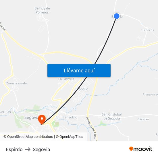 Espirdo to Segovia map