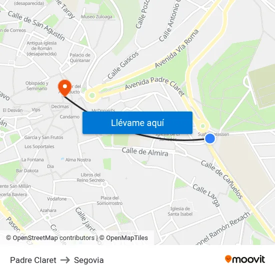Padre Claret to Segovia map
