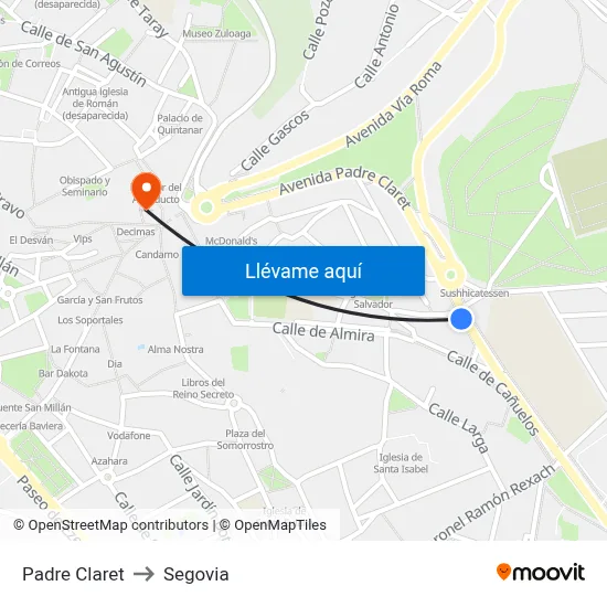 Padre Claret to Segovia map