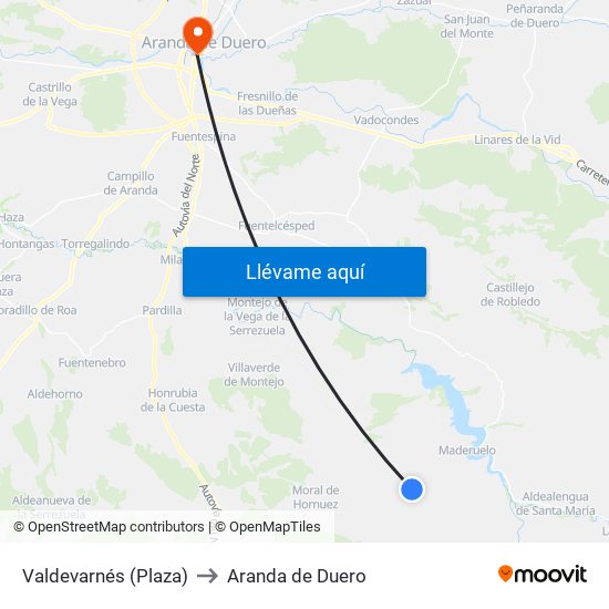 Valdevarnés (Plaza) to Aranda de Duero map