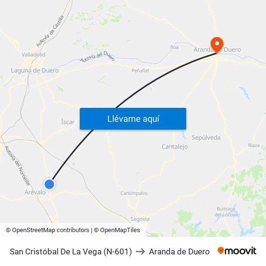 San Cristóbal De La Vega (N-601) to Aranda de Duero map