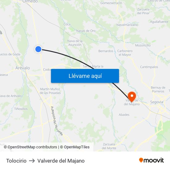 Tolocirio to Valverde del Majano map