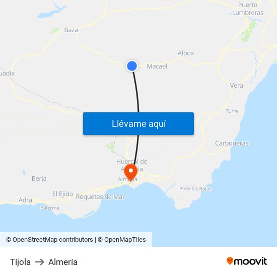 Tíjola to Almería map