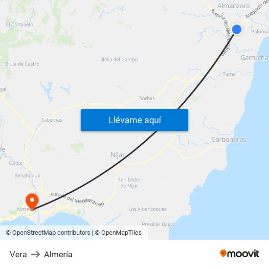 Vera to Almería map