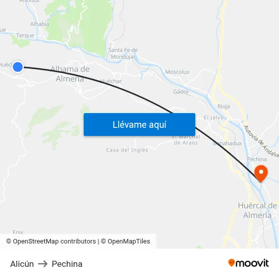 Alicún to Pechina map