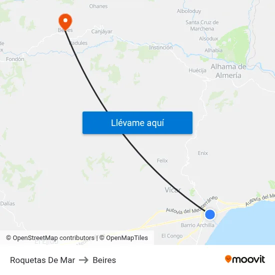 Roquetas De Mar to Beires map