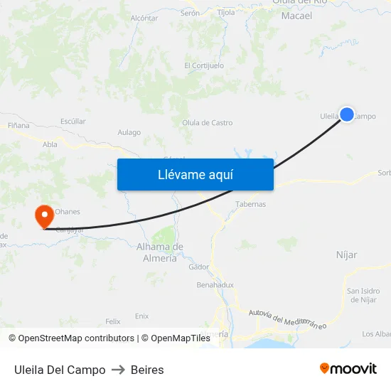 Uleila Del Campo to Beires map