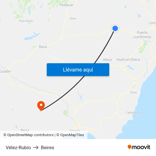 Vélez-Rubio to Beires map