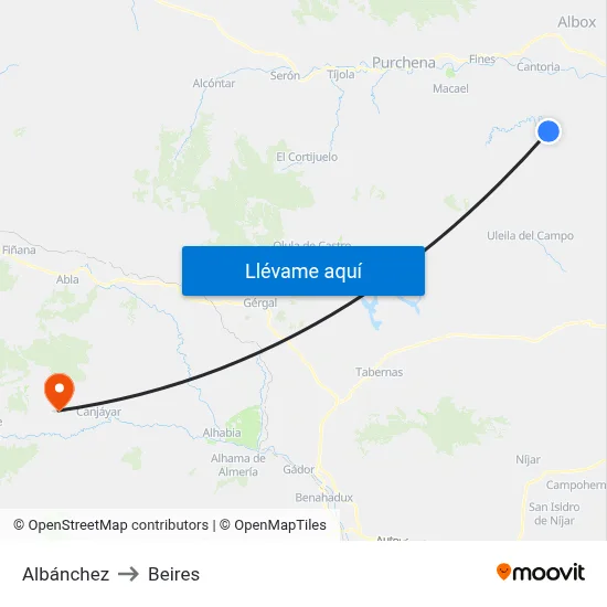 Albánchez to Beires map