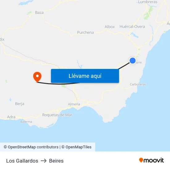 Los Gallardos to Beires map