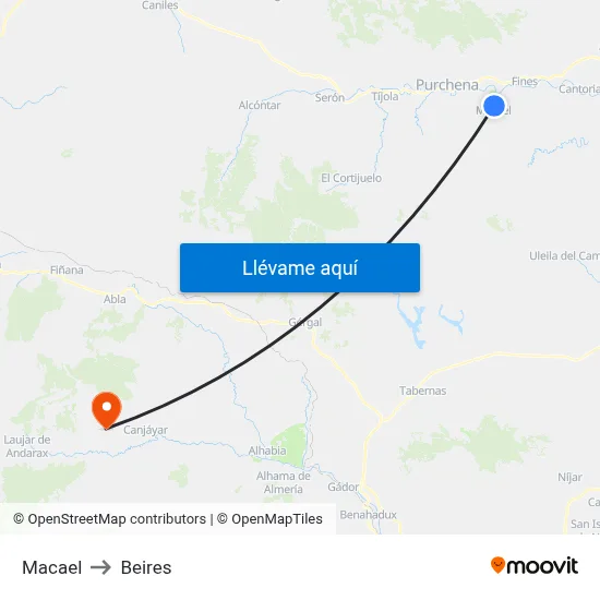 Macael to Beires map