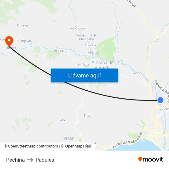 Pechina to Padules map