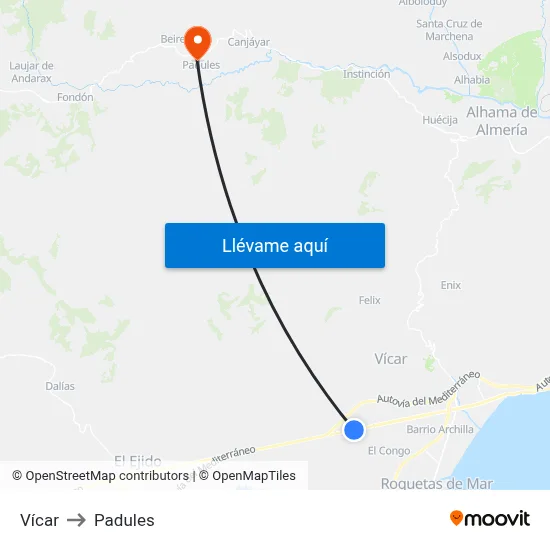 Vícar to Padules map