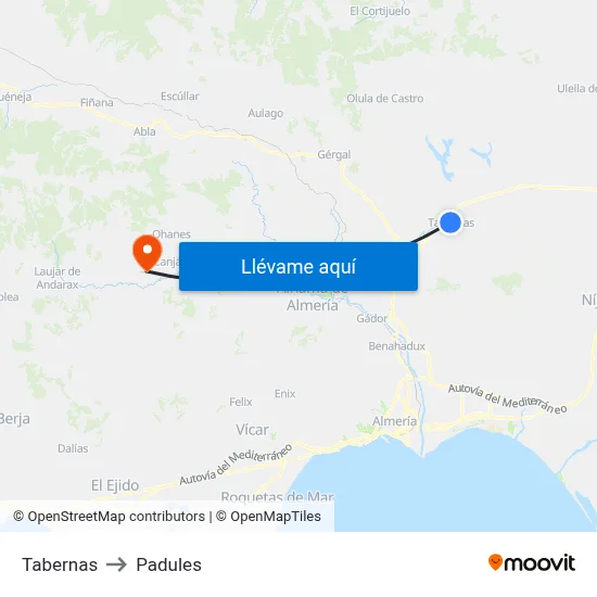 Tabernas to Padules map