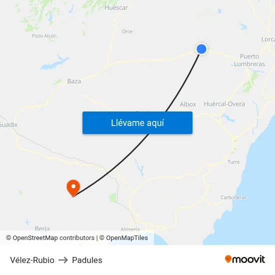 Vélez-Rubio to Padules map