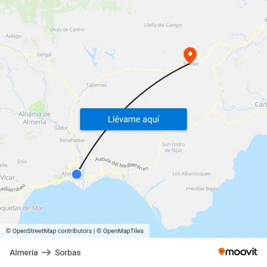 Almería to Sorbas map