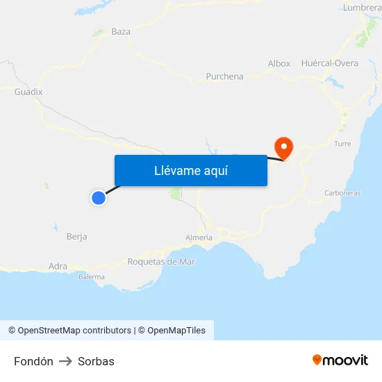 Fondón to Sorbas map