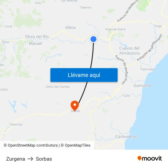 Zurgena to Sorbas map