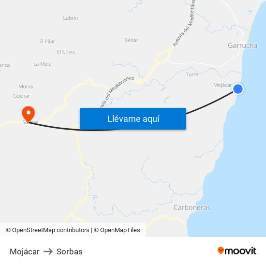 Mojácar to Sorbas map