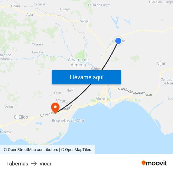 Tabernas to Vícar map