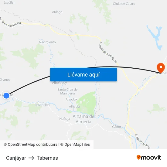 Canjáyar to Tabernas map