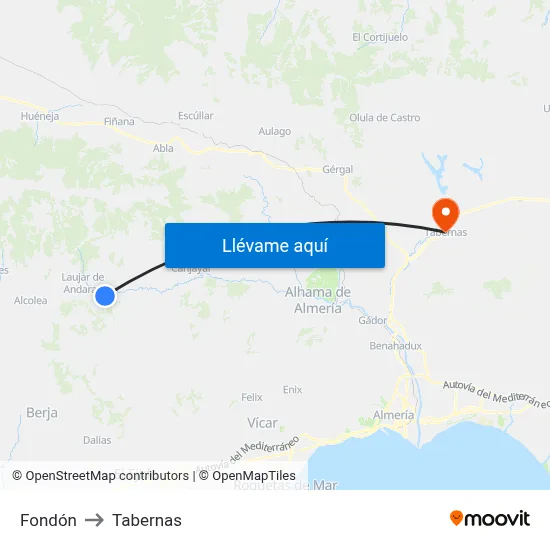 Fondón to Tabernas map