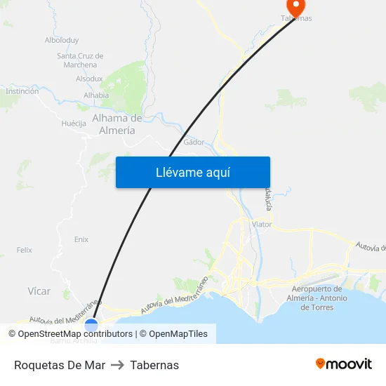 Roquetas De Mar to Tabernas map