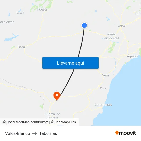 Vélez-Blanco to Tabernas map
