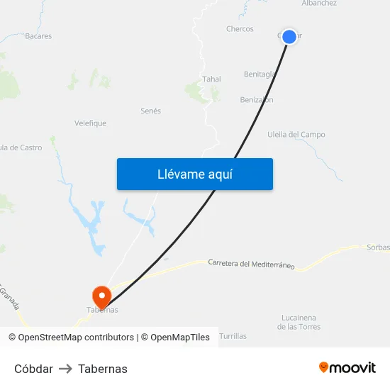 Cóbdar to Tabernas map