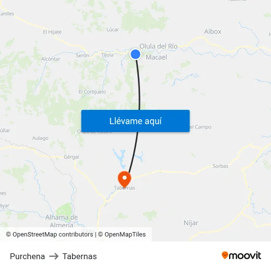 Purchena to Tabernas map