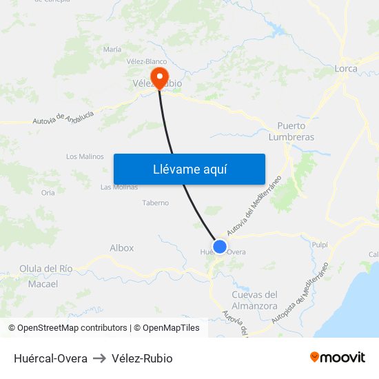 Huércal-Overa to Vélez-Rubio map