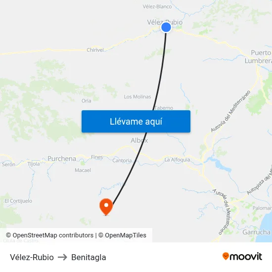 Vélez-Rubio to Benitagla map