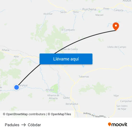 Padules to Cóbdar map