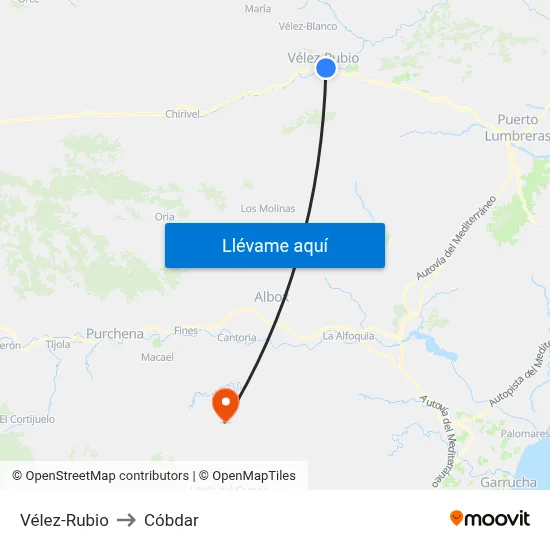 Vélez-Rubio to Cóbdar map