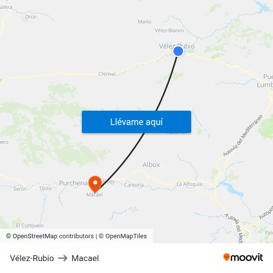 Vélez-Rubio to Macael map