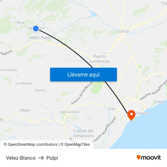 Vélez-Blanco to Pulpí map