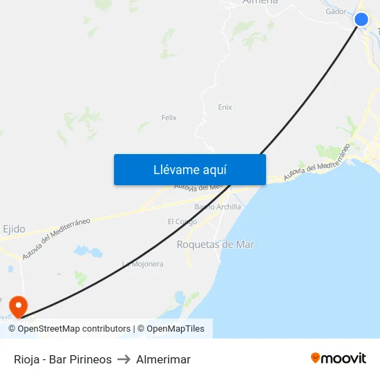 Rioja - Bar Pirineos to Almerimar map
