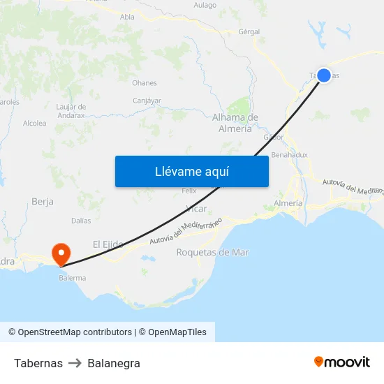 Tabernas to Balanegra map