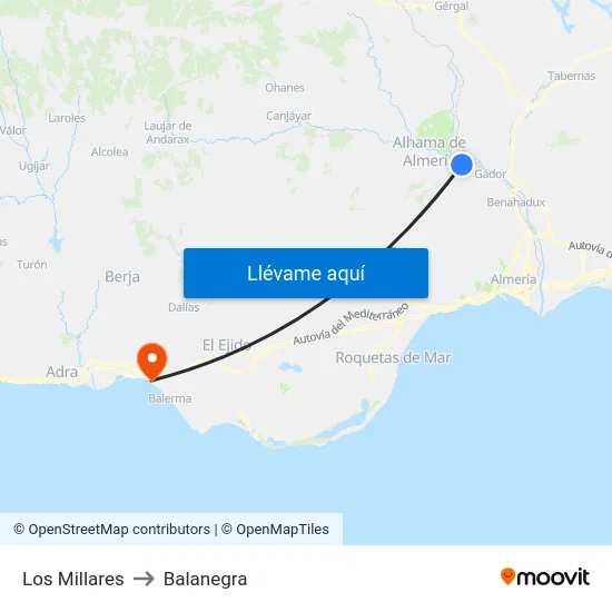 Los Millares to Balanegra map